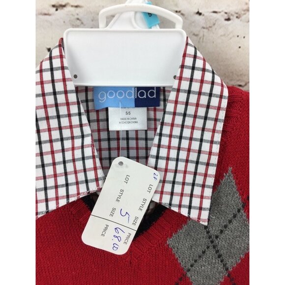 Boys Goodlad 3-Piece Argyle Sweater Vest Set Size 5/6 Red Plaid Shirt & Black Pa - Picture 3 of 7